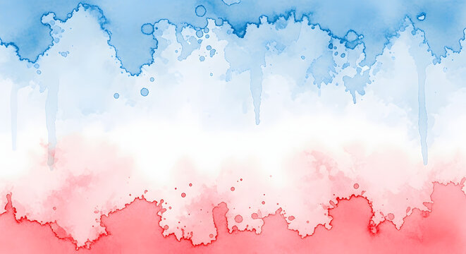 Watercolor wash background in red white and blue patriotic colors with abstract paint splatters