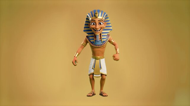 A vibrant 3D animated figure of an Egyptian pharaoh in full traditional regalia (Nemes headdress, skirt) dancing in a stylized fashion on a solid gold backdrop. This creative character loop is suitabl