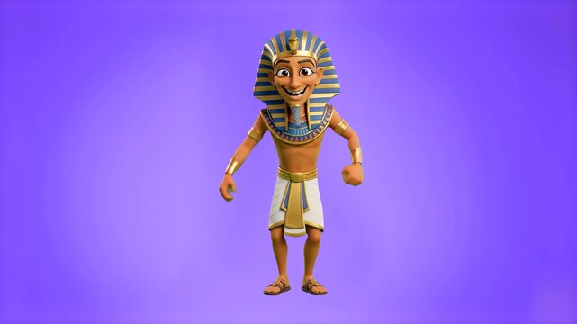 A humorous 3D cartoon character dressed as an ancient Egyptian pharaoh with a golden headdress dancing enthusiastically. The video features a vibrant purple backdrop, making it great for historical ex
