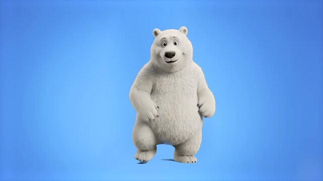 A cute, smiling 3D animated white polar bear dancing rhythmically against a bright blue backdrop. This friendly character animation is perfect for winter holiday celebrations, children's musical video