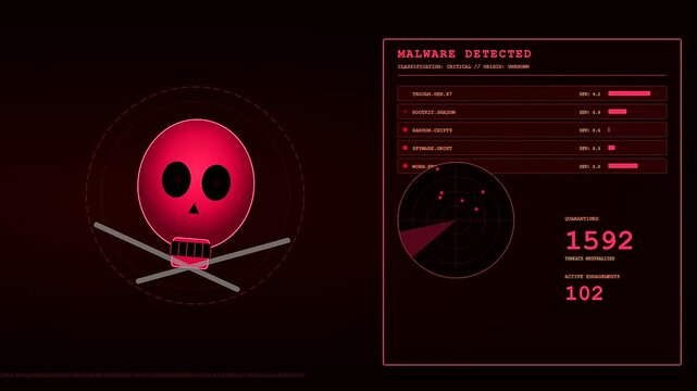 A digital cybersecurity threat map shows multiple pulsing skull icons on a dark screen with scrolling data panels during a malicious system network attack event