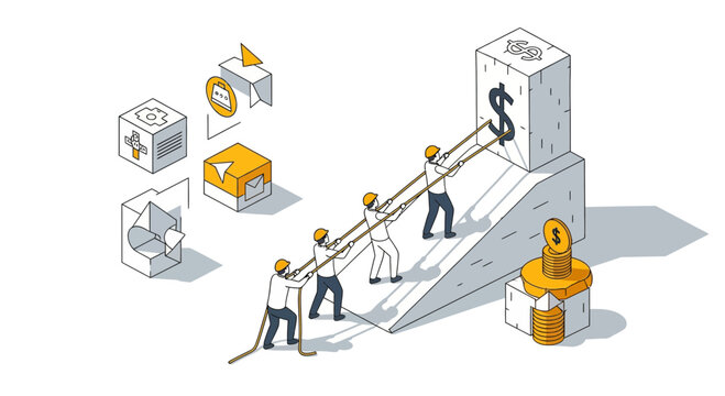 Isometric business team pulling dollar block for financial growth