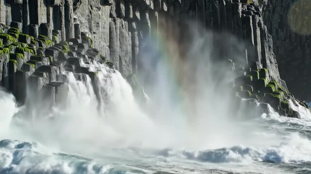 Powerful ocean waves crashing on basalt cliffs with rising spray and bright rainbow for dramatic nature coastal landscape and travel