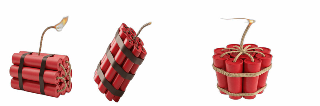 Isolated set of red explosive dynamite sticks bundles with burning detonate fuses on white background, 3d heavy industrial demolition tool collection for hazard danger alert and mining tnt weapon conc