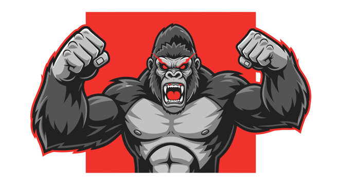 Cartoon gorilla flexing muscles aggressively strong.