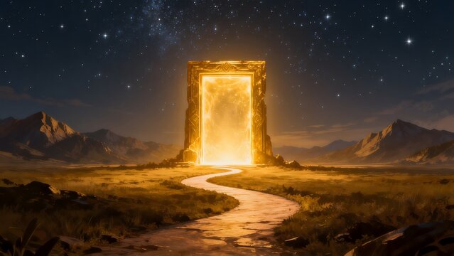 Mystical glowing portal in desert