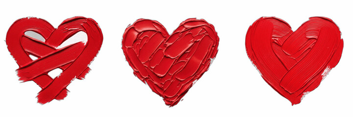 Isolated set of creative romantic red hearts filled with thick oily paintbrush strokes on white background, 3d volumetric love icon collection for happy valentine day card decoration and wedding symbo