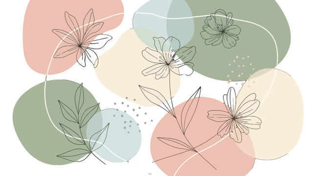 Abstract botanical illustration with delicate line art flowers and pastel organic shapes on a white background.