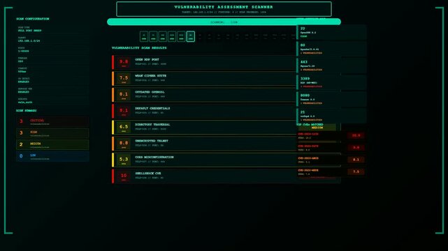 A digital cybersecurity threat map dashboard displays evolving server status logs with green progress bars and red alert text updates shown in a triple monitor sequence
