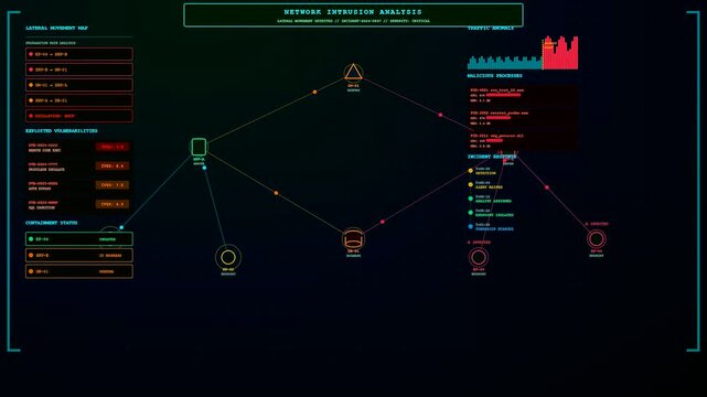 A digital cybersecurity threat map monitoring network activity displayed across multiple screens showing connected nodes data flow paths and system security status in dark room