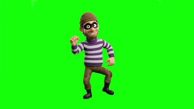 A funny 3D animated burglar or thief character wearing a black eye mask, beanie, and striped shirt performs a comical celebratory dance against a solid green screen backdrop. Perfect for security syst