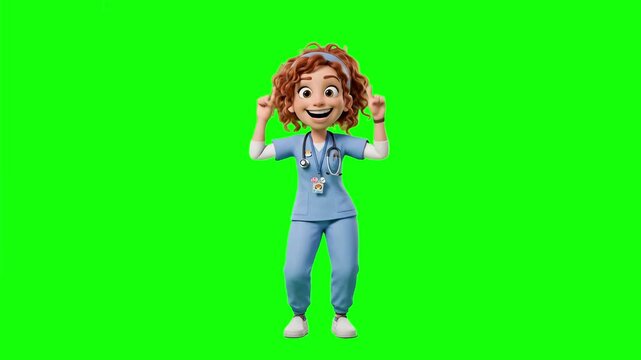 A friendly 3D animated female nurse or doctor character with curly hair, wearing blue medical scrubs and a stethoscope, dancing joyfully on a green screen background. This lively pre-keyed asset is gr
