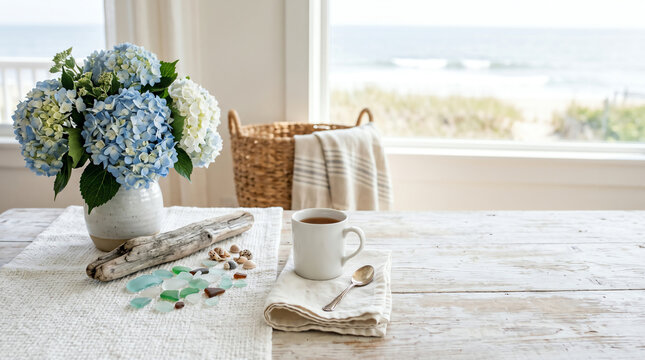 cozy coastal morning still life featuring cup of tea and blue hydrangea bouquet on wooden table with beach view window and copy space