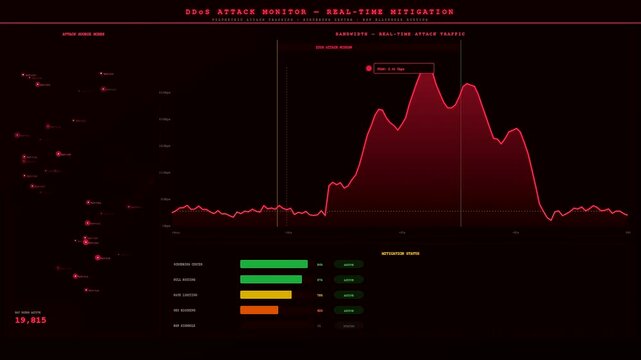 Monitoring a global cybersecurity threat map with red glowing data visualizations and analytical line graphs displayed on a dark interface for digital network defense surveillance