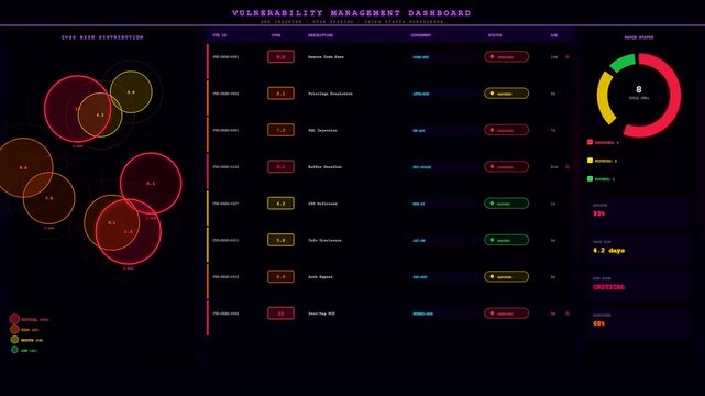 A detailed cybersecurity threat map display presents digital vulnerability metrics within a dark interface featuring circular data nodes and list columns for monitoring software status