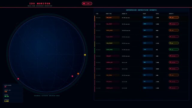 a glowing digital cybersecurity threat map presents animated radar pulses monitoring global data breaches with floating status logs on a dark virtual interface screen display monitor