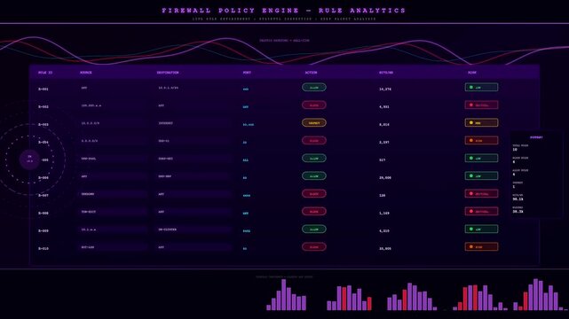 a glowing digital cybersecurity threat map monitoring network traffic and data flow activity with intricate bar charts and scrolling analytical lists displayed on dark screens