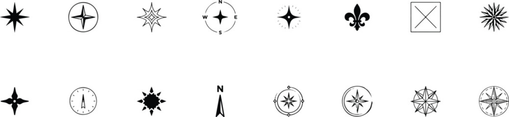 Vintage compass rose and north arrow vector icons set with nautical navigation stars elements for map design branding, © Yesrath Hasan Sobuj