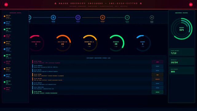 A detailed cybersecurity threat map interface shows complex digital data patterns with glowing circular indicators and dark navy blue tones for a professional monitoring screen
