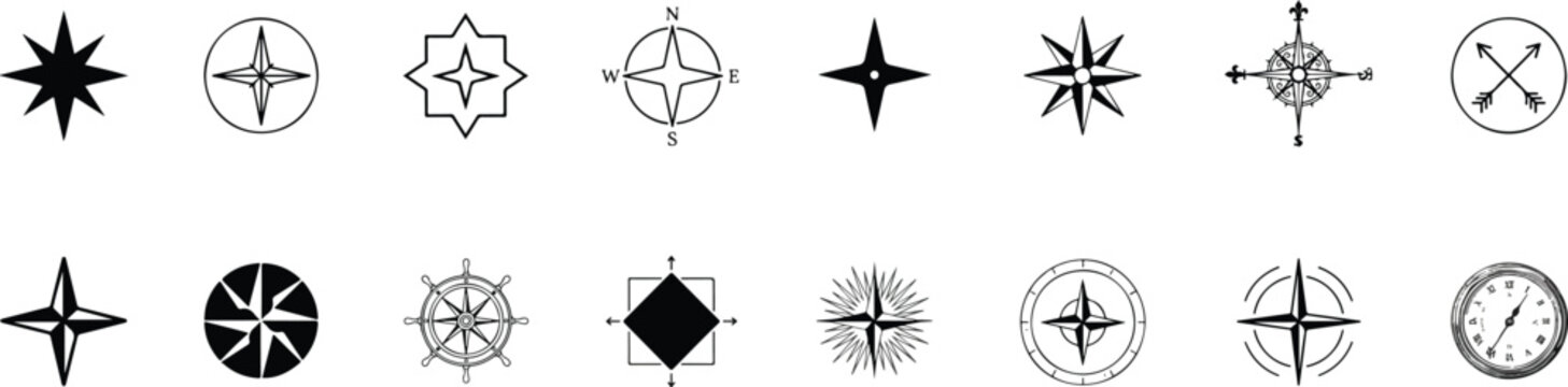 Vintage compass rose and north arrow vector icons set with nautical navigation stars elements for map design branding,