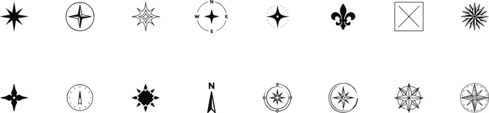 Vintage compass rose and north arrow vector icons set with nautical navigation stars elements for map design branding,