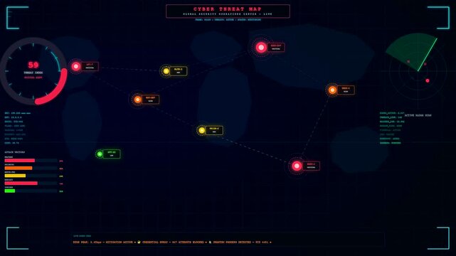 A vibrant cybersecurity threat map displays digital data nodes and pulsing network flow patterns across a wide monitor screen showing evolving global surveillance activity monitoring