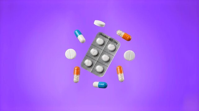 A top view studio flat lay of various medical capsules, round white tablets, and a silver blister pack scattered on a solid purple background. This static pharmaceutical layout is ideal for healthcare