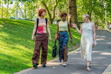 Obraz premium Diverse women friends walking and conversing in park