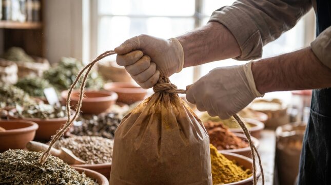 Spice shop merchant wearing gloves tying a string knot on a brown paper sack filled with goods