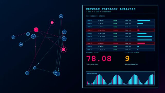 A digital cybersecurity threat map shows multiple nodes and data streams flickering across dark monitor screens depicting evolving network topology analysis within a virtual computing interface