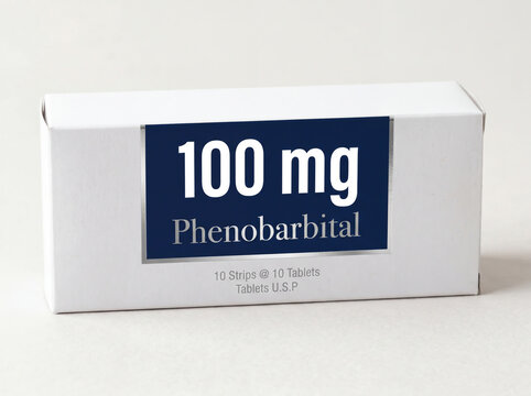 Pharmaceutical packaging of Phenobarbital 100 mg tablets on white background