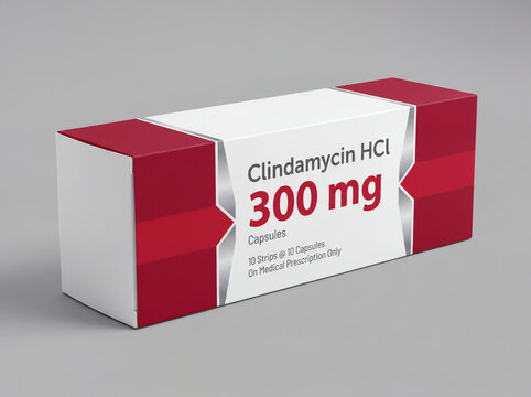 Medical packaging of Clindamycin 300 mg capsules for bacterial infection treatment