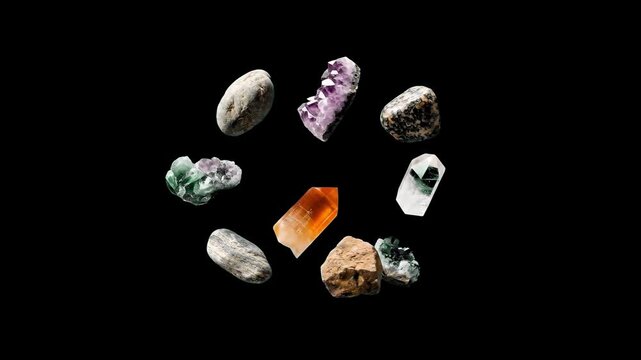 A mystical 3D animation featuring various raw mineral stones, colorful quartz clusters, and tumbled gemstones floating slowly against a black background. This spiritual loop is excellent for esoteric 