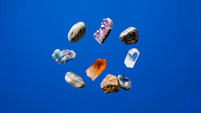 A variety of colorful raw crystals, quartz clusters, and tumbled gemstones float in a circular arrangement against a solid blue backdrop. This 3D rendered graphic is ideal for spiritual wellness, geol