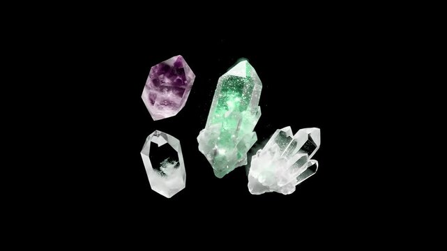 A collection of glowing green quartz crystals and a purple amethyst specimen float elegantly against a dark night backdrop. This translucent 3D animation captures geological beauty, spiritual healing 