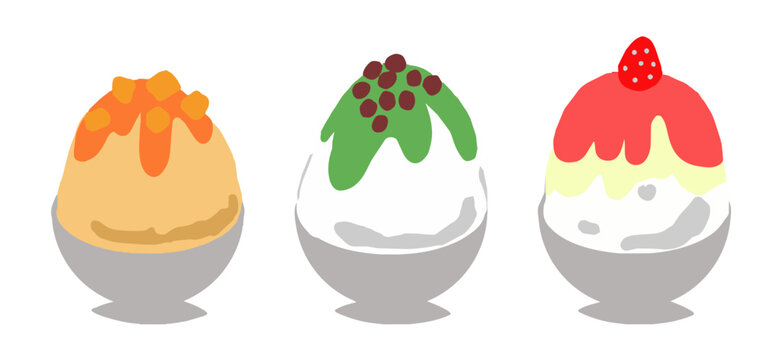 かき氷のベクターイラスト、マンゴー、抹茶、いちご味