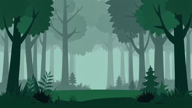 Stylized flat vector illustration of a misty green forest landscape background.