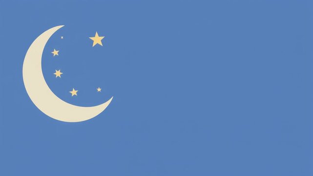 Minimalist illustration of a crescent moon and stars on a blue background.