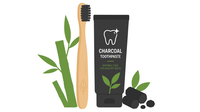 Charcoal Toothbrush And Toothpaste With Bamboo Plant.