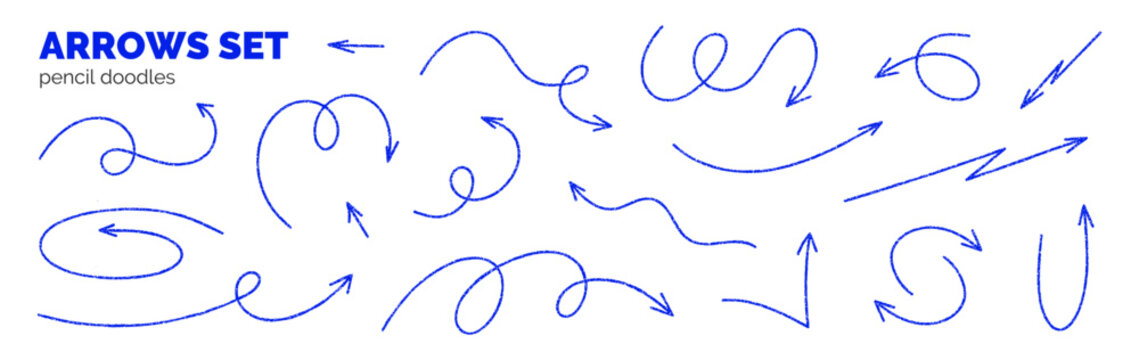Blue chalk hand drawn arrows set. Crayon or pen texture. Doodle pointer elements with thin curved, twisted and rounded lines. Sketch, scribble or scrapbook style. Vector illustration