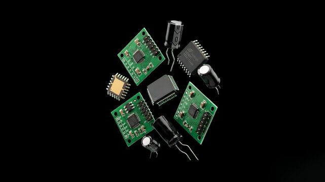 A technical 3D visualization showing printed circuit boards (PCB), microprocessors, capacitors, and electronic components floating in a circular cluster. Set against a pitch-black background, ideal fo