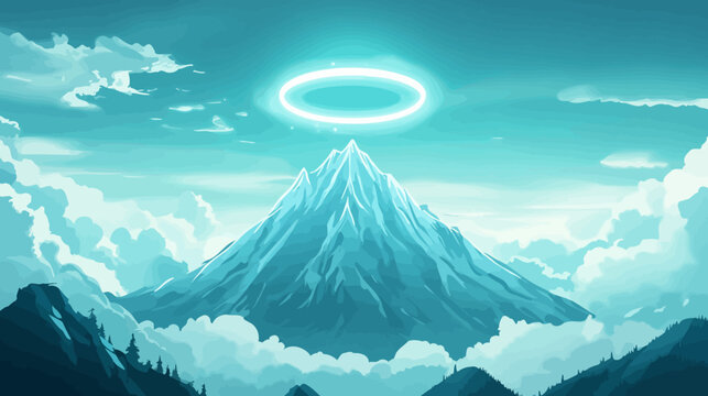 Teal mountain towers above clouds, crowned by a pale glowing halo overhead glow