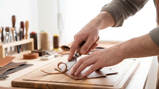 Leather craftsman using skiving knife to cut edge of brown leather piece