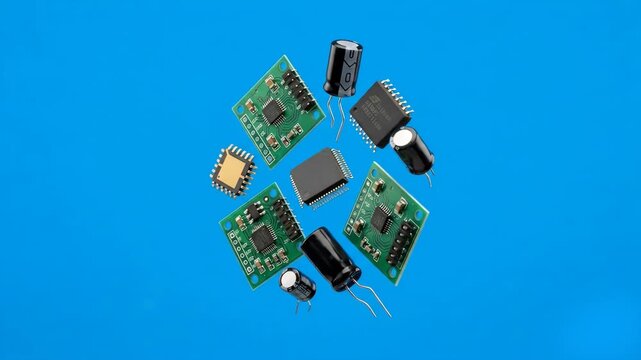 A high-tech 3D animation featuring green circuit board microchips, transistors, and cylindrical capacitors floating dynamically in space. Set against a solid blue background, this hardware loop is ide