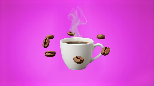 A stylized motion graphic asset featuring a white ceramic mug filled with steaming hot black coffee, surrounded by roasted coffee beans flying in mid-air against a bright pink studio backdrop. Great f