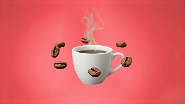 A white ceramic coffee cup filled with hot black coffee emitting steam is surrounded by floating roasted coffee beans. This 3D stylized loop animation is perfect for cafe promotions, morning routines,