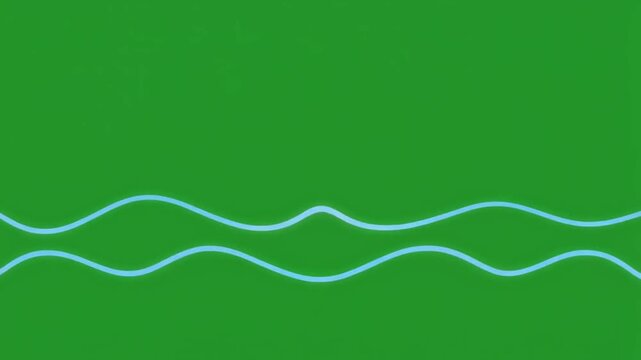 Minimalist graphic background featuring two light blue wavy lines isolated on green screen chroma key background