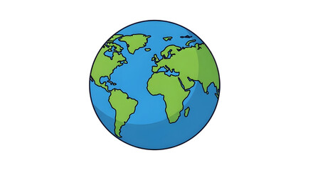 Fototapeta premium Minimalist planet earth illustration, stylized globe icon with green continents and blue oceans, simple world map graphic on white background