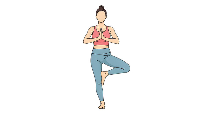 Minimalist yoga tree pose illustration, woman practicing vrikshasana balance exercise, flat vector fitness character on white background