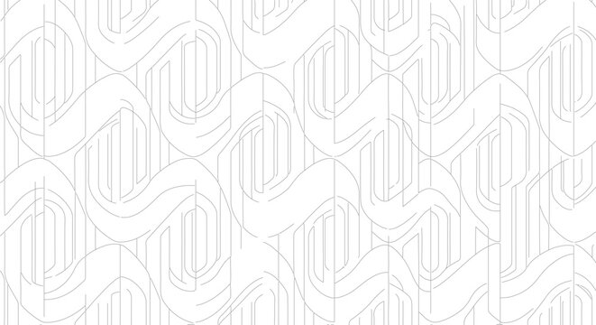 Minimalist abstract pattern featuring thin black geometric lines on a white background. Architectural repeating design with s-shaped curves, vertical lines, and interlocking shapes.